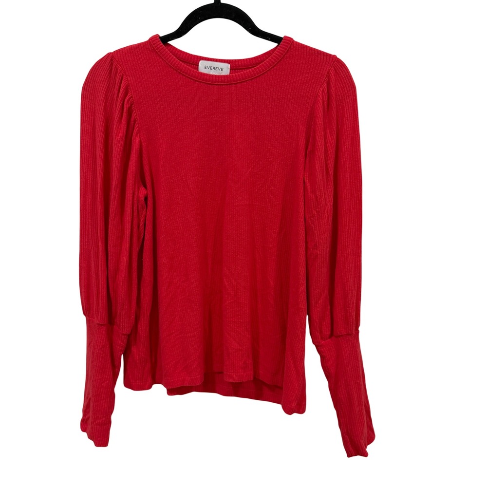 Evereve Womens Ribbed Puff Sleeve Knit Top Red Long Sleeve Neck M T81571S964